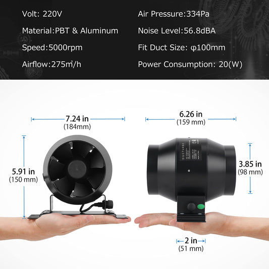 DUCTURBO duct fan 100mm adjustable, 275m³/h inline duct fan exhaust fan ideal tube fan for grow tents, ventilation, and exhaust fans, lightweight, matte black