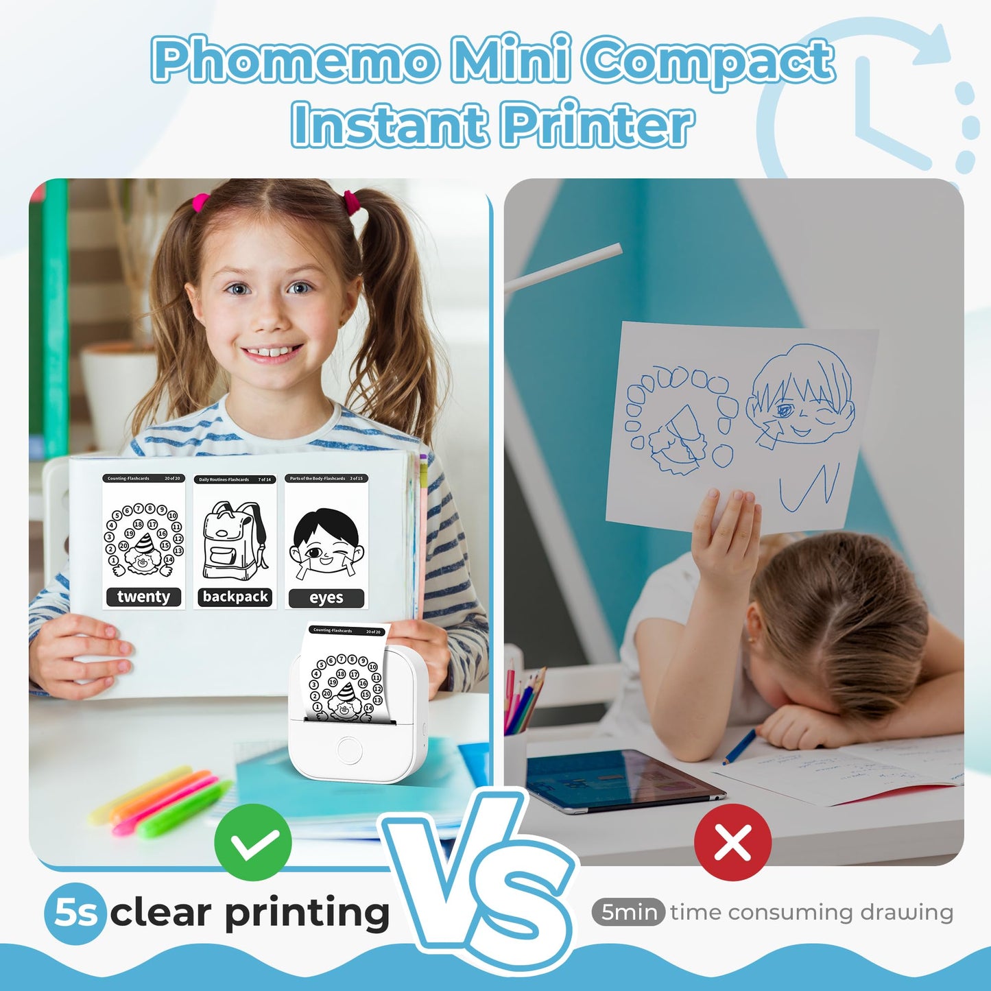 Phomemo T02 Mini Printer, photo printer for smartphones, with 1 roll of printing paper, 203dpi mobile sticker thermal printer, portable pocket inkless sticker printer for IOS & Android.