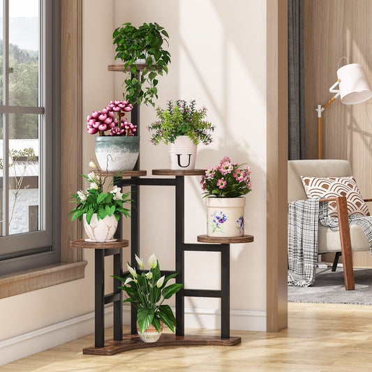 Tribesigns flower stand, plant shelf indoor, 6 levels flower rack indoor, metal plant stand flower rack pot for living room, balcony, garden, rustic brown