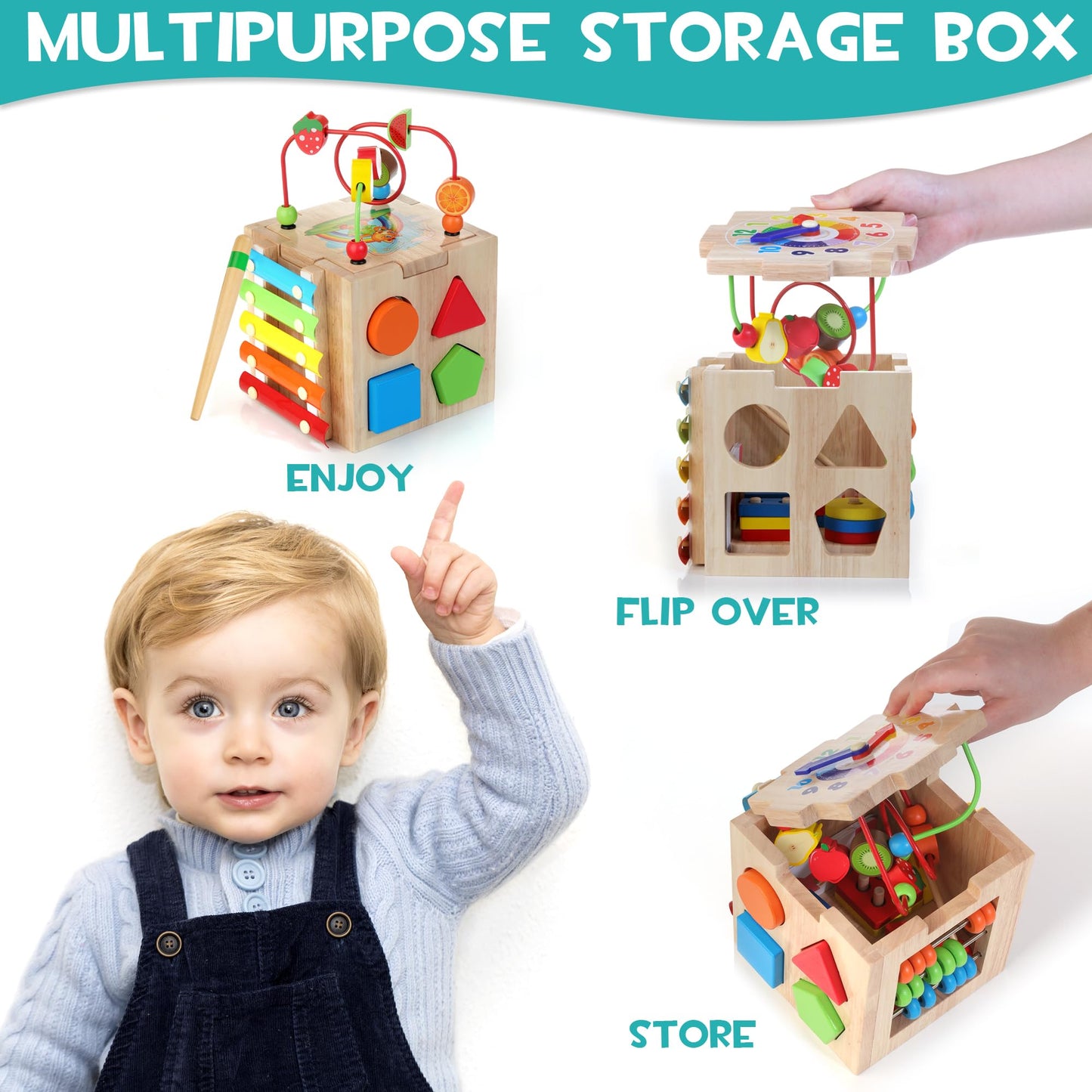 HELLOWOOD wooden activity cube 8 in 1 motor skills toy with stacking and sorting board word cards (in English) Montessori educational toy for toddlers babies 18 months and up