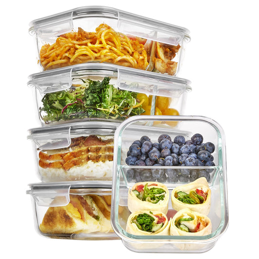 Vtopmart 5Pack 975ml Meal Prep Boxes, Glass Containers with Lid, Glass Food Storage Containers with Lid for Microwave, Oven, Freezer, and Dishwasher.