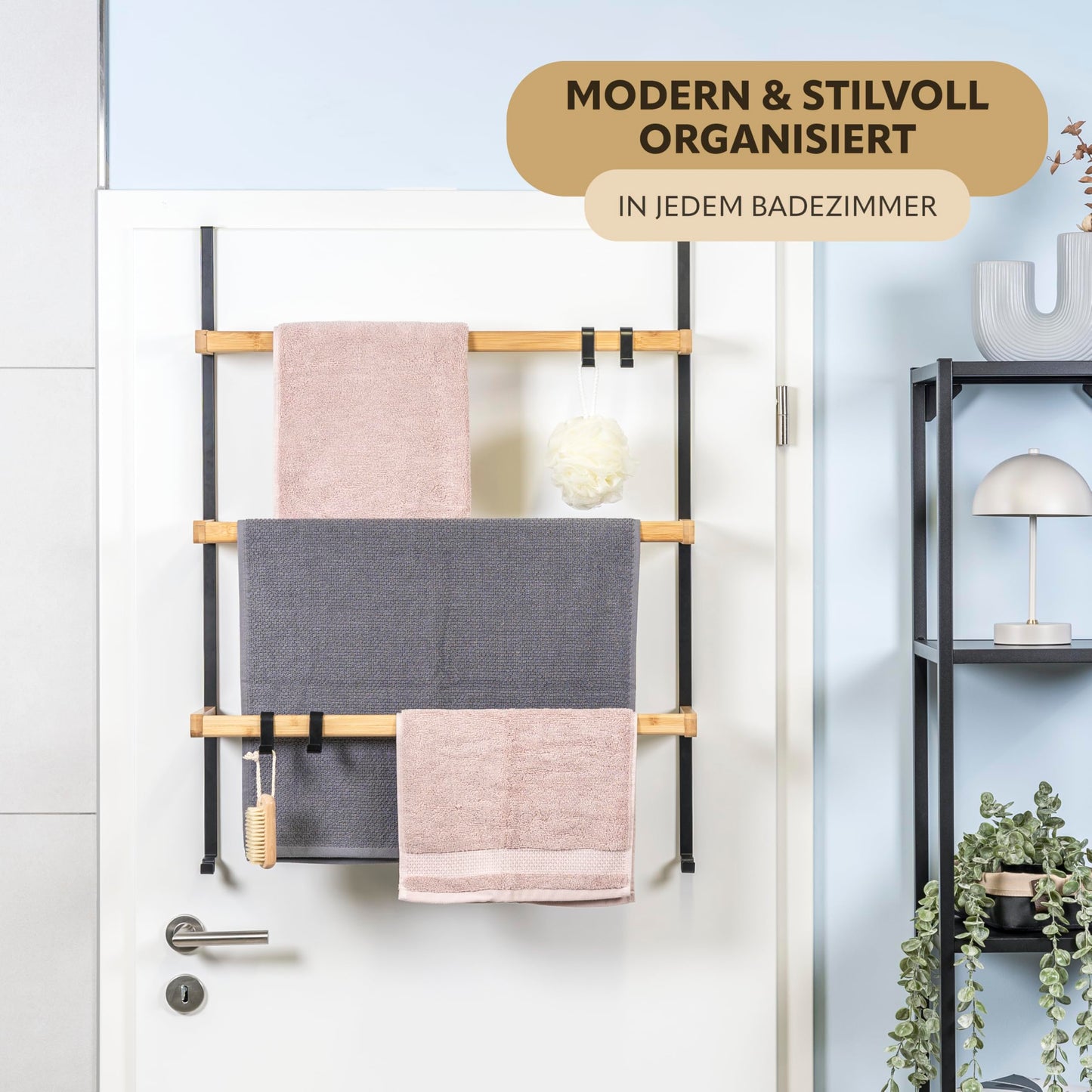 eluno Over-the-Door Hanging Shelf made of metal and bamboo, door towel holder with 3 towel bars, 4 handy hooks, for hanging without drilling (Black)