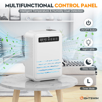 Updated dehumidifier (remote control) for bedroom, 2.8L water tank, 75m², quiet, small dehumidifier for basement, home, bathroom with auto shutdown, LED light in 7 colors.