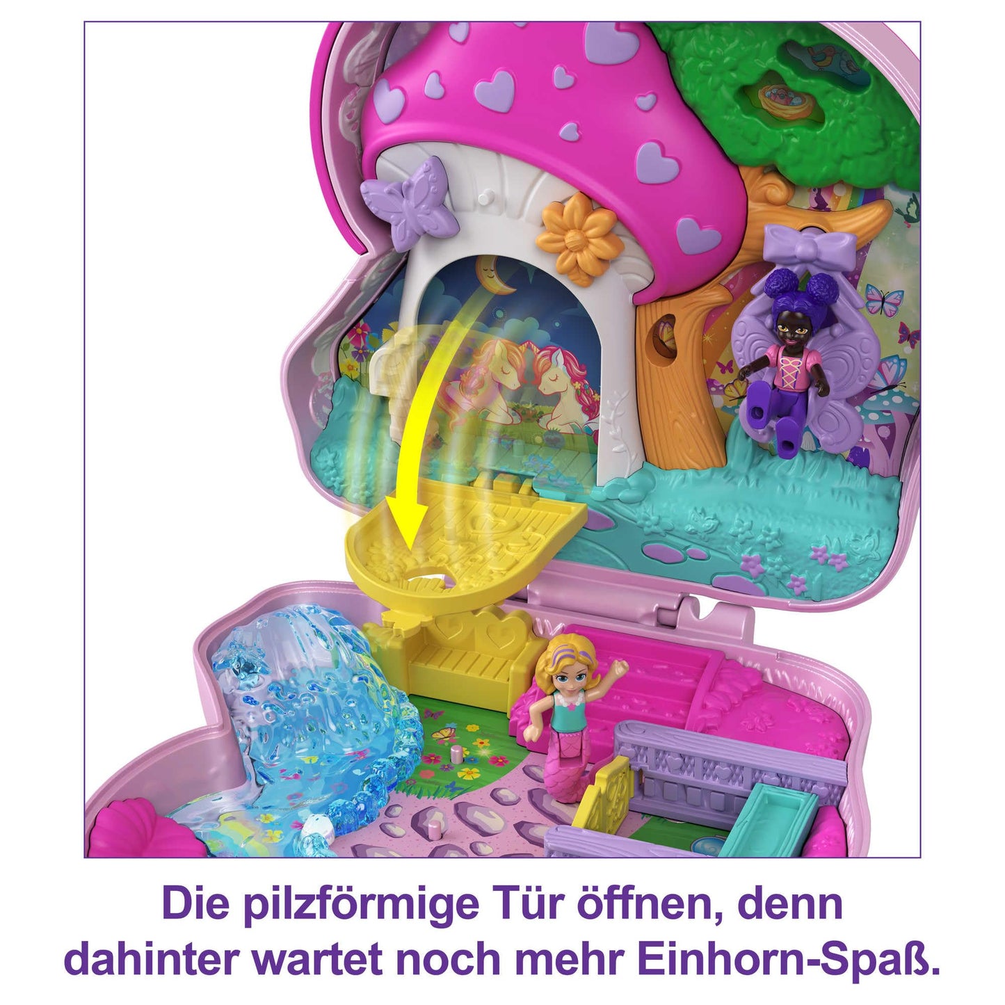 Polly Pocket Unicorn, in Enchanted Forest theme, with 13 accessories including 2 dolls (1 mermaid), tea set, and unicorn pets, toy for ages 4 and up, HCG20