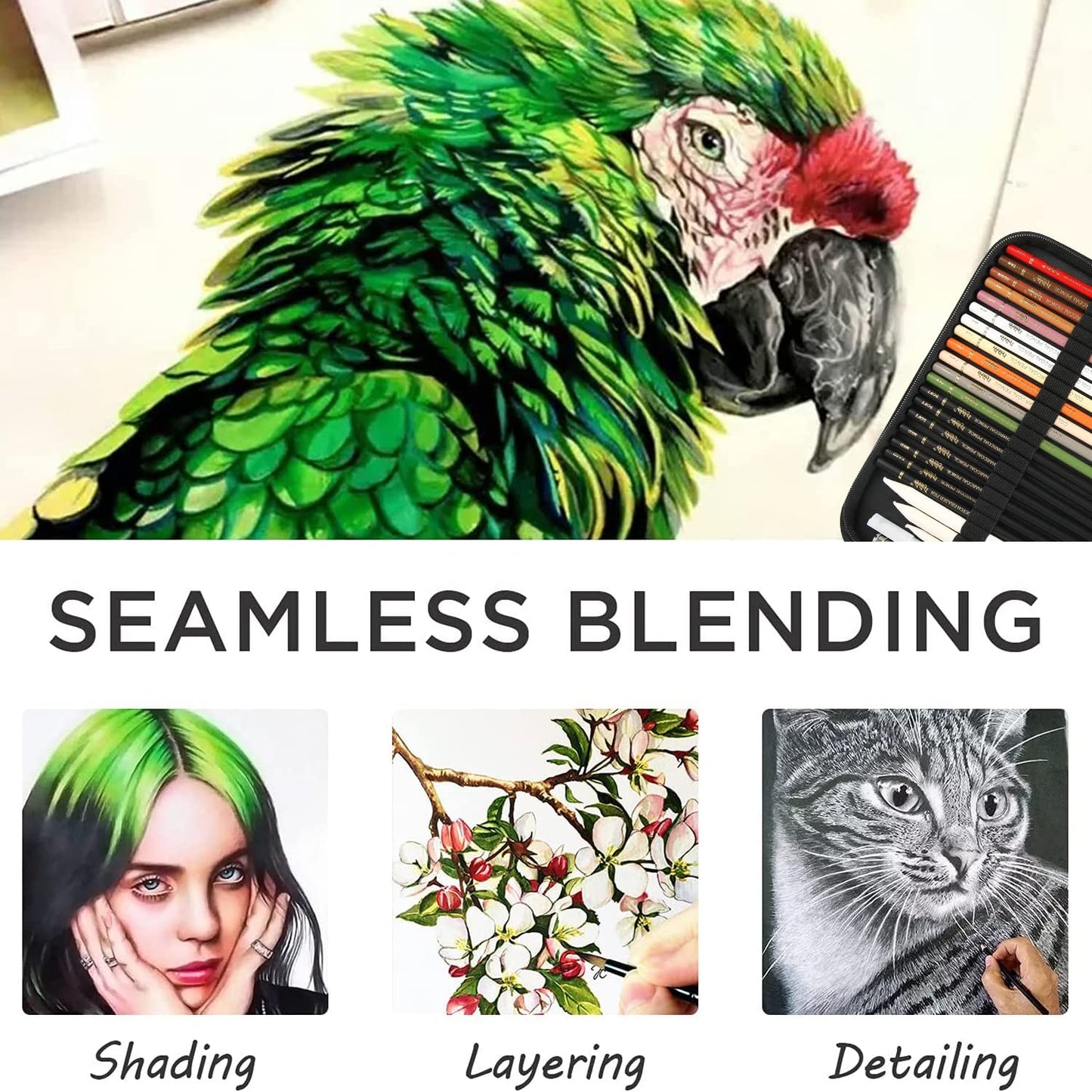 Set of colored charcoal pencils, professional sketching tool with blending stump, kneadable artist eraser, sharpener. For artists, beginners, adults, teenagers. BW-CPS-N01.