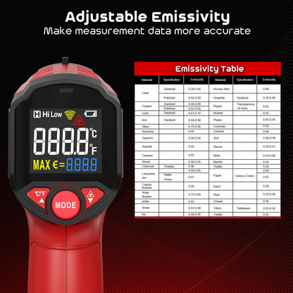 Infrared thermometer, SQECH temperature measuring device -50℃~600℃ (-58℉~1112℉), with adjustable emissivity and colored backlight, for cooking, pizza oven, refrigerator, industrial (Red)