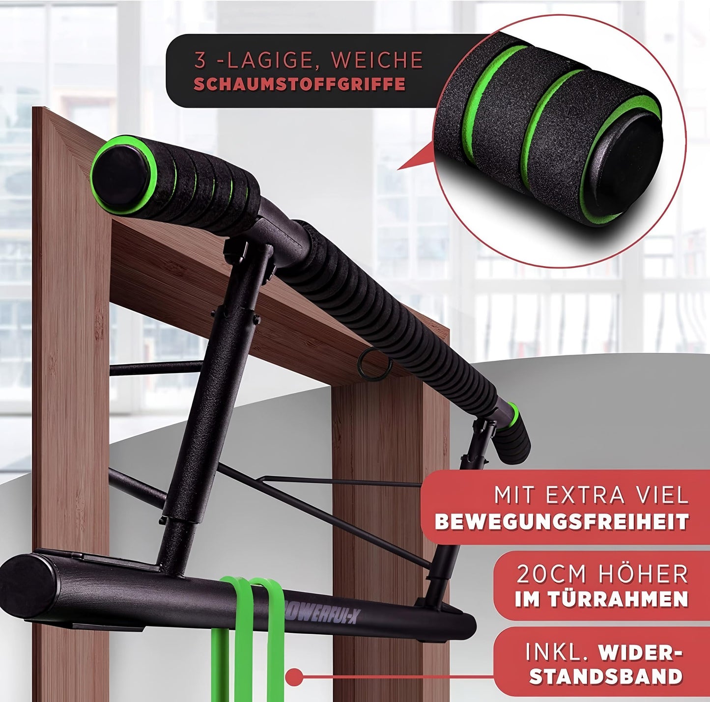 POWERFUL-X Pull-Up Bar Door Frame - versatile fitness bar - no assembly required - Pull-up bar supports up to 200kg - Ideal for beginners & advanced users.