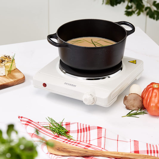 SEVERIN hot plate for kitchen, office or camping, small hob with stepless temperature control, camping stove for one pot, white, 1,500 W, KP 1091