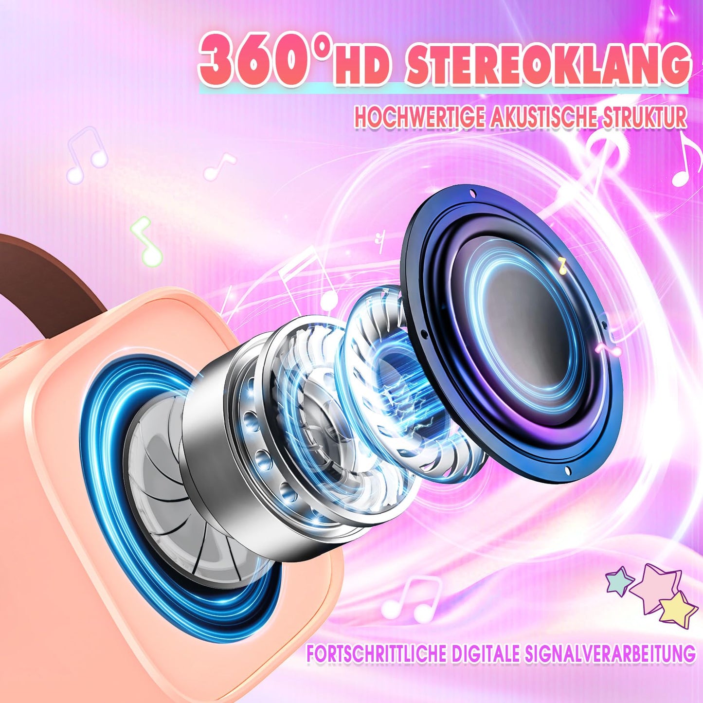Dislocated Karaoke Machine with 2 Bluetooth microphones, girls' gift toy for 3-12 years old. Mini Karaoke microphone set for kids and adults. Portable speaker with DSP & LED lights.