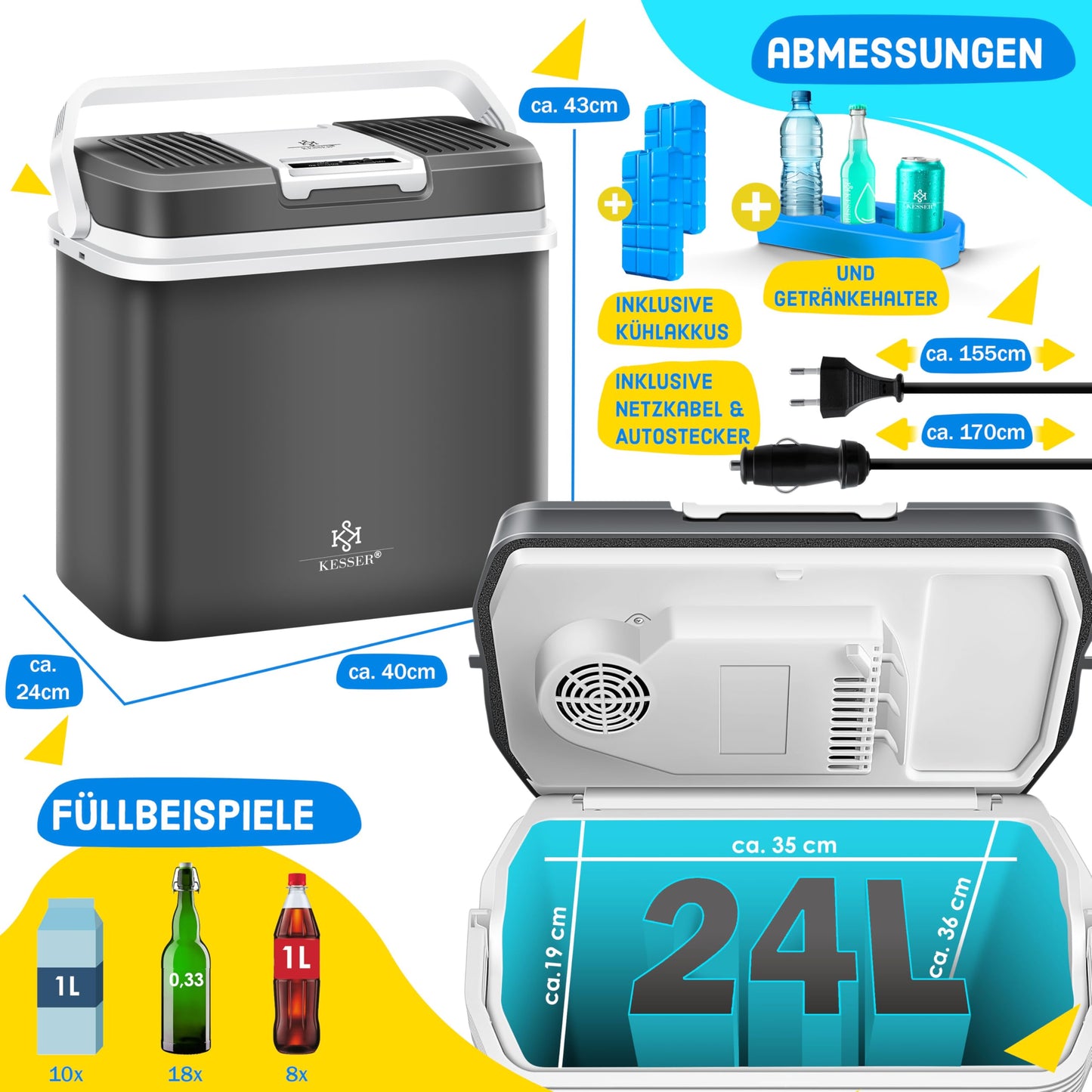 KESSER® 24 liter cooler | COOLS and WARMS | Thermoelectric cooler | including 2X cooling packs & drink holder | 12 volt and 230 volt | Mini fridge | for car and camping | Energy efficiency class E | Anthracite