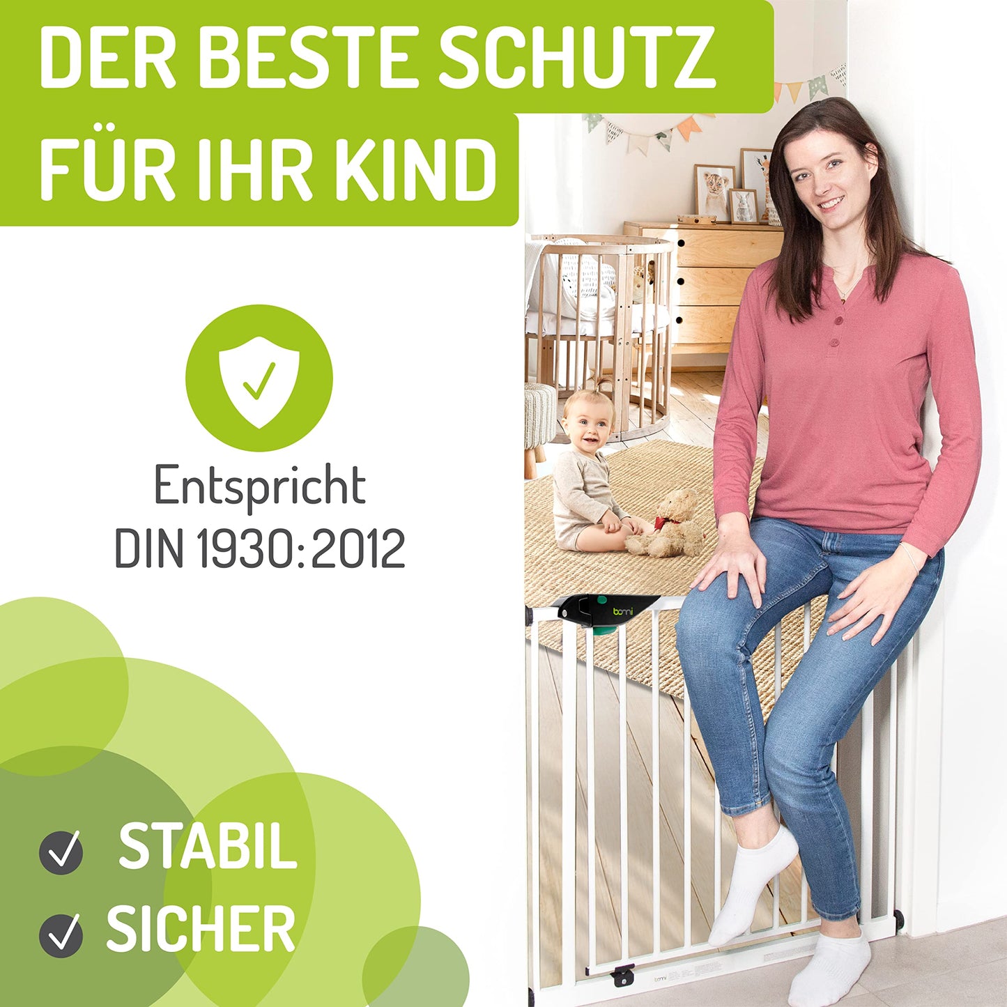 BOMI extra tall Baby Safety Gate Mira | No Drilling | Metal White Safety Gate Door for Childproofing | Sturdy Baby Safety Gate for Stairs | Stair Door Gate | Width: 93-101 cm