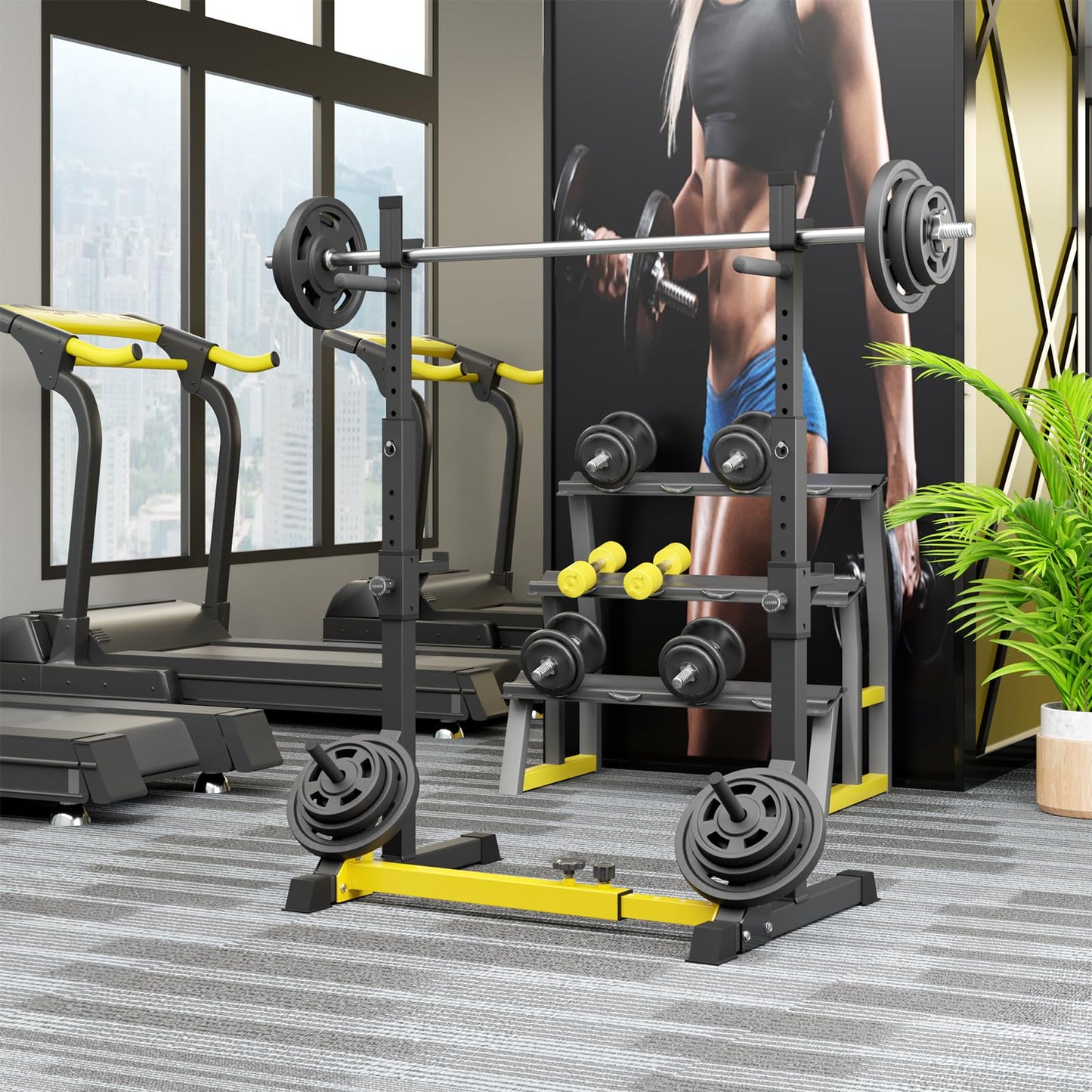 LIFERUN Squat Rack barbell stand, squat stand, adjustable barbell rack height adjustable, multifunctional barbell rack for gym home weightlifting bench press up to 250 kg (Yellow)