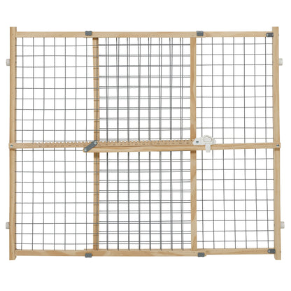 New World B2932WWM-2 Pet Gate, wood, extra wide, no damage to walls, no tool required, patented locking arm, dog gate 81 x 74-127 cm (H x W), natural wood/light gray grid
