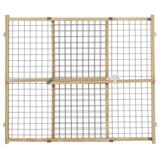 New World B2932WWM-2 Pet Gate, wood, extra wide, no damage to walls, no tool required, patented locking arm, dog gate 81 x 74-127 cm (H x W), natural wood/light gray grid