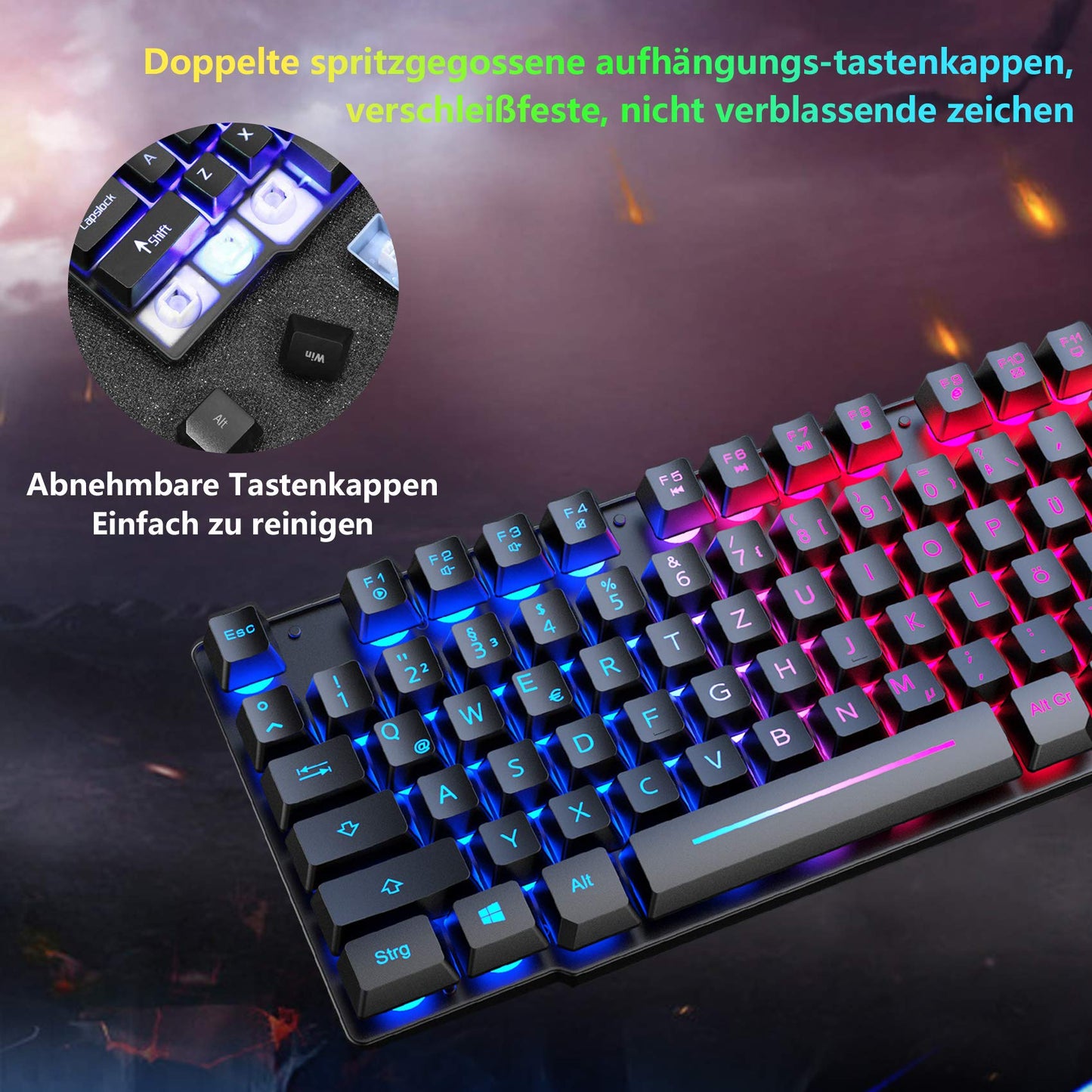 Gaming Keyboard and Mouse Set, QWERTZ German Layout Rainbow LED Backlight Ergonomic Keyboard 6 Buttons 2400 DPI Mouse and Mousepad, USB Wired, Compatible with PS4 Xbox, Black