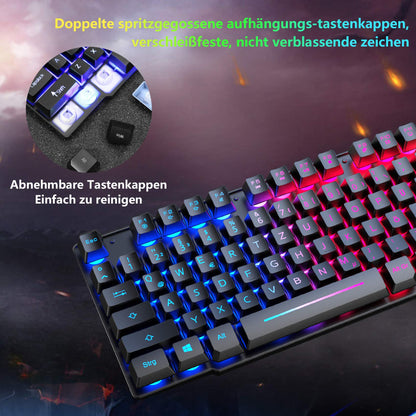 Gaming Keyboard and Mouse Set, QWERTZ German Layout Rainbow LED Backlight Ergonomic Keyboard 6 Buttons 2400 DPI Mouse and Mousepad, USB Wired, Compatible with PS4 Xbox, Black