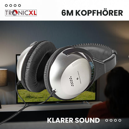 TronicXL TV headphones headband headphones with 6m long cable. Stereo TV headphones for TV, PC, HiFi with 3.5mm jack and 6.35mm plug. Wired, long cable.