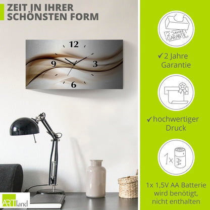ARTLAND wall decoration wall clock without ticking noises aluminum quartz clock 60x30 cm square silent 3D design wave abstract modern unique T9LI