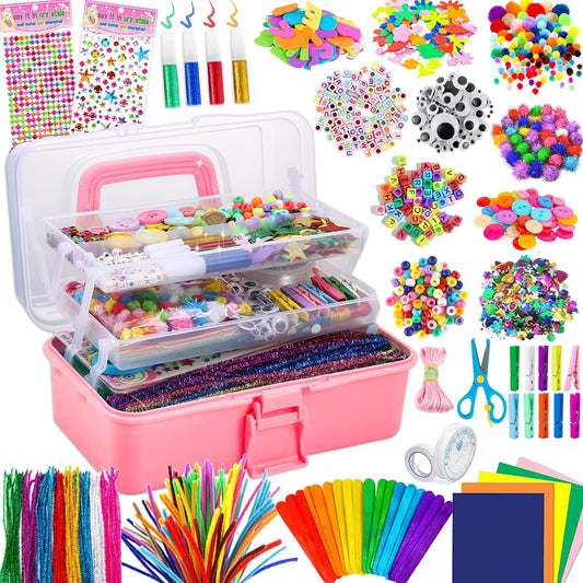 Goodguy Craft Set for Kids, 3000+ Pcs Craft Kit Craft Supplies Material Set, Big Craft Box Gifts for Girls Boys 3 4 5 6 7 8 9 10 11 12 Years - Pink