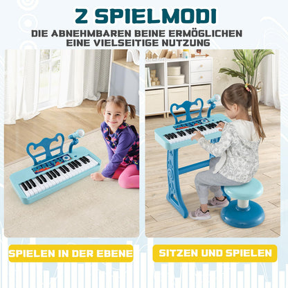 DREAMADE Kids Keyboard, 37 Keys Electronic Piano with Music Stand & Microphone & Stool, Piano Toy for Children aged 3+, Supports up to 50kg (Blue)
