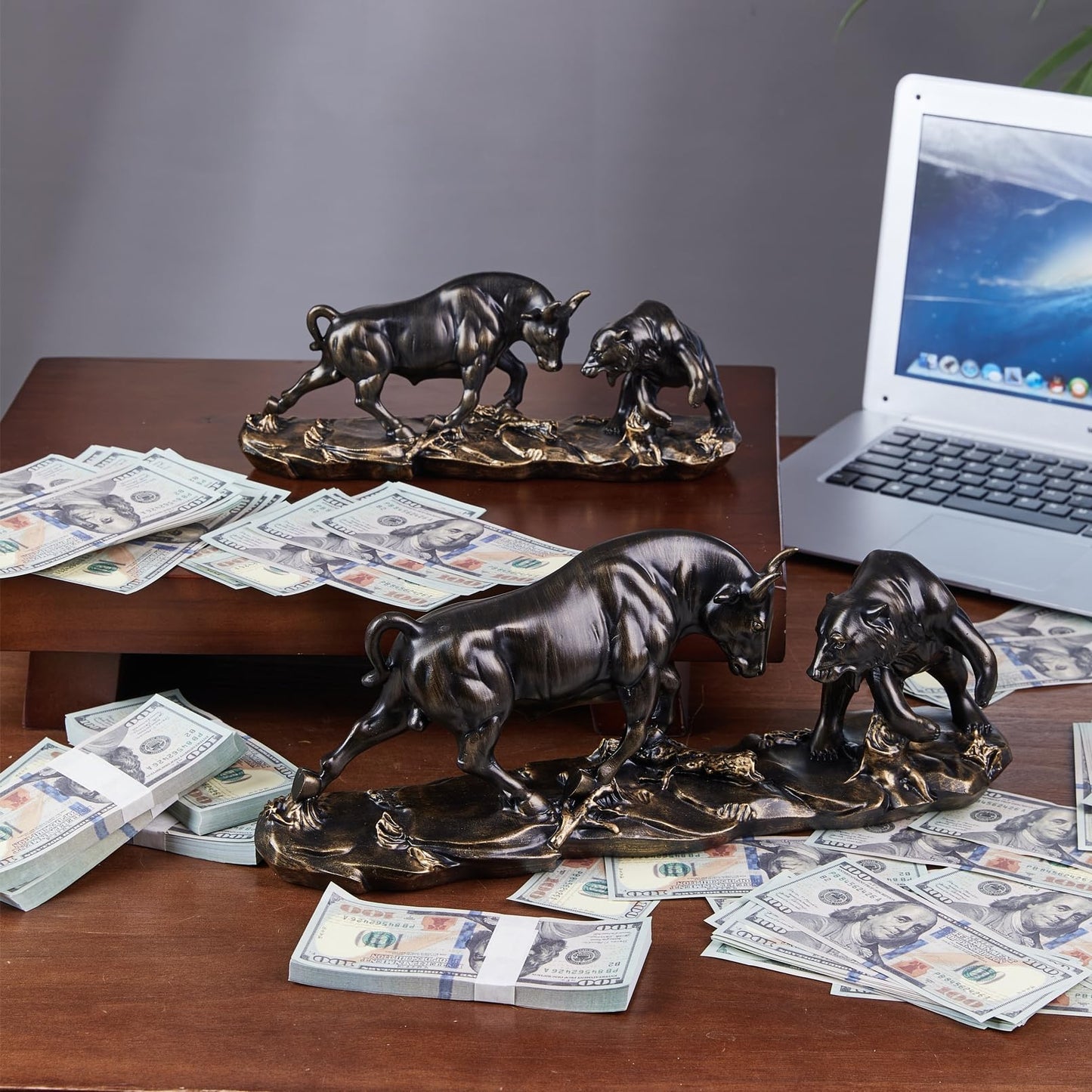 Cute Bull and Bear market figures made of resin. Wall Street Bull Bear Statue for desks, shelves, or displays. These figures make a great office gift idea.