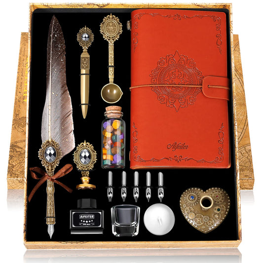 MPRINCE Feather Calligraphy Set - Quill Pen and Ink, Notebook, Wax Seal Stamp - Beautiful Gift Set in Gray.