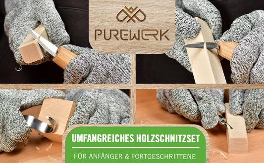 PUREWERK® Wood carving set for adults - 22-piece carving tool set with 11 carving knives, 5 wood blocks, sharpening kit, gloves & carving guide for beginners.