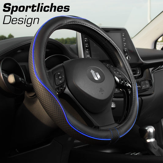 Upgrade4cars steering wheel cover Blue Black in leather look | Steering wheel cover Universal 37-38 cm for summer & winter | Car accessories interior gift ideas | Gifts for women and men