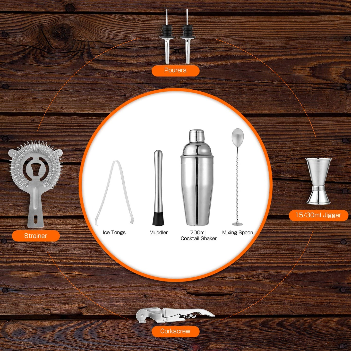 High-quality cocktail shaker set, 10-piece cocktail mixer set, made of stainless steel, with bamboo storage, including cocktail shaker, jigger, pourer, bar muddler, bar spoon, ice tongs, opener, jigger.