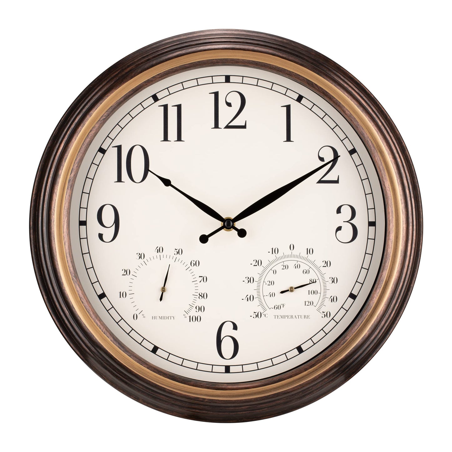 Navaris outdoor clock analog - with thermometer and hygrometer display - 38.1 x 5cm - round clock for hanging without ticking - decor garden wall clock