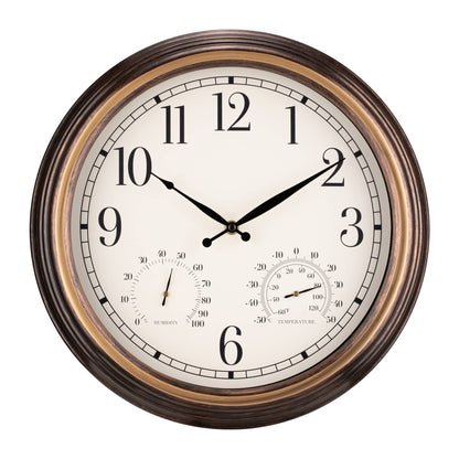 Navaris outdoor clock analog - with thermometer and hygrometer display - 38.1 x 5cm - round clock for hanging without ticking - decor garden wall clock