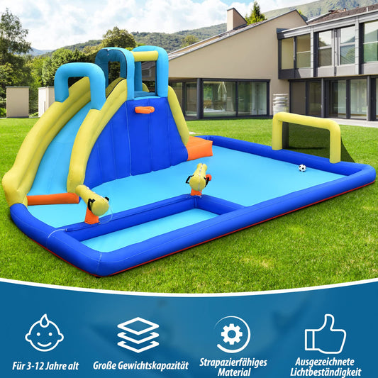 GOPLUS Inflatable Bounce House, Water Park with Slide & Climbing Wall & Water Gun & Soccer Goal, Kiddie Pool for Children 3-12 Years, Includes Carrying Bag, Repair Kit, 526x373x203cm (Excluding Blower)