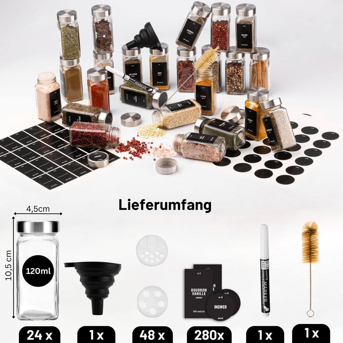 Deco House® square airtight spice jars 24-piece set [including labels & sprinkler] - glass spice jar set - spice container spice jars - spice storage - spice organizer - spice storage