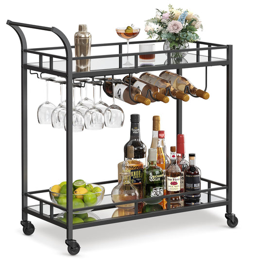 VASAGLE serving cart, rolling cart, glass holder, 2 mirrored glass shelves, bar cart, wine cart, for kitchen, dining room, bar, black LRC090B62