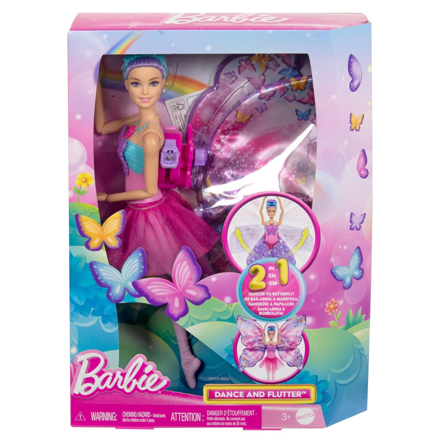 Barbie Dance and Flutter Doll with 2-in-1 transformation from dancer to butterfly with opening wings, purple hair, hair accessory, and removable tutu, HXJ10.