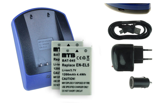 2 batteries + charger (wall+car+USB) for EN-EL5 / Nikon Coolpix P3 P4 P80 P90 P530 P5000 P5100 P6000 S10.. - see list