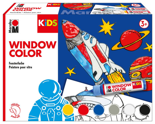 Marabu 0306000000001 - Kids Window Color Space, water-based paint, removable on smooth surfaces like glass, mirrors, tiles, and film, 6 x 25 ml paint, coloring template A3 with 18 designs and film A4.