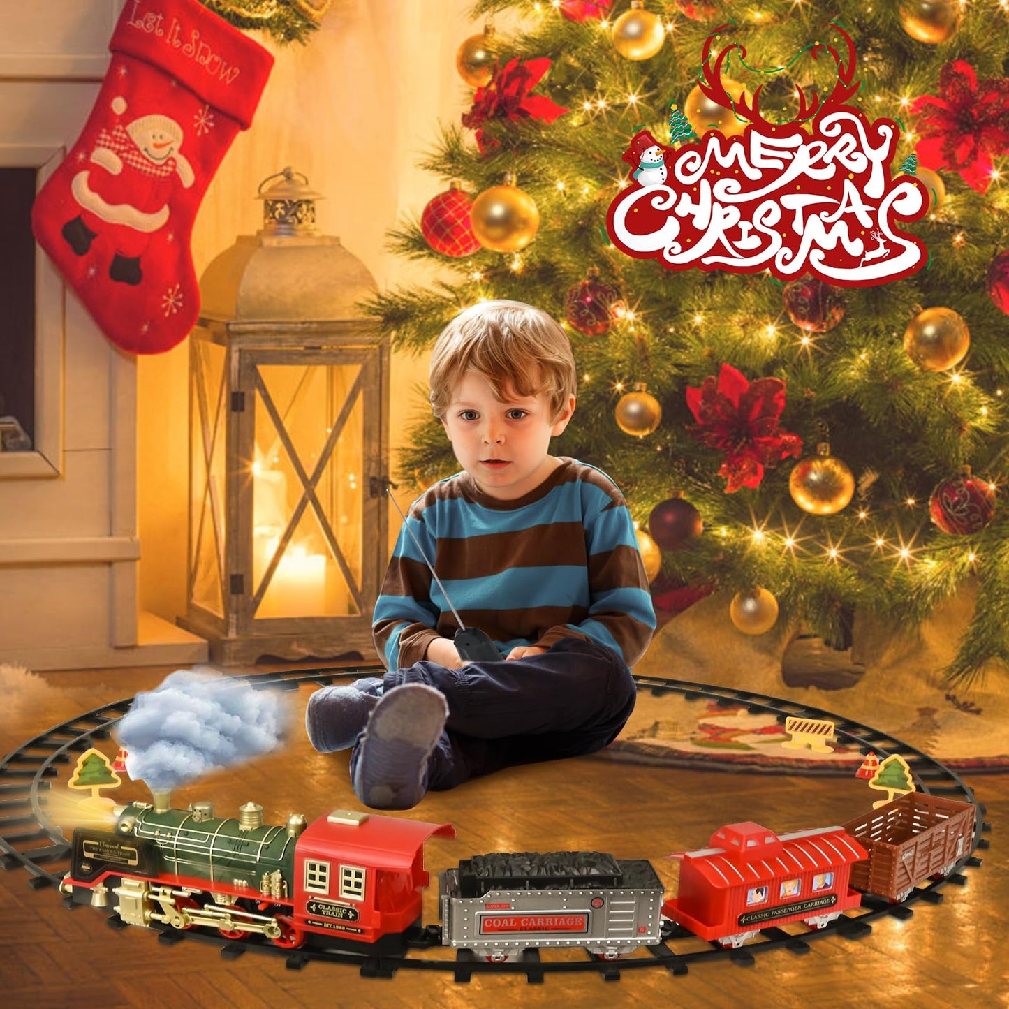 Ulikey Electric Train for Kids, Remote Control Steam Train Toy with Light and Sound, Christmas Train around the Tree, Christmas Steam Locomotive Gift for Kids aged 3 years and up.