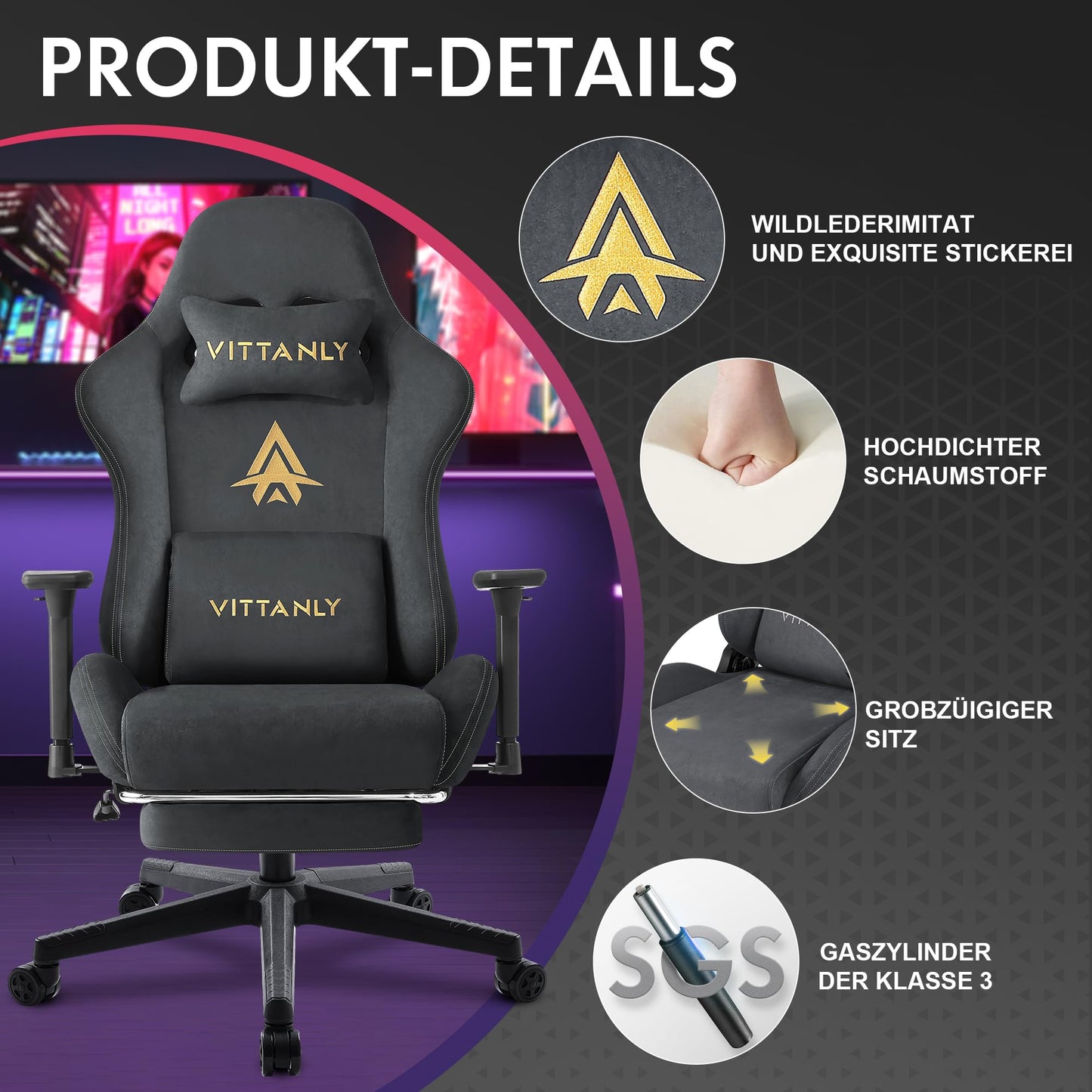 Vittanly Gaming Chair, Luxurious Suede Fabric Office Chair, Ergonomic Desk Chair with Footrest Headrest and Lumbar Pillow, 3D Armrests, 90-155° Backrest, Grey