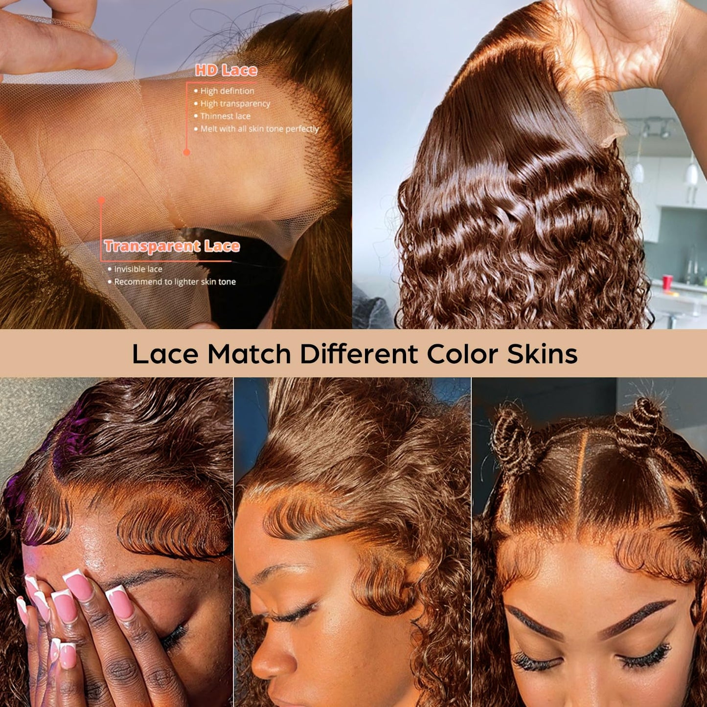 24 Inch Real Hair Wig 13x4 Transparent Lace Front Wig made of Human Hair for Black Women, Deep Wave Human Hair Wig in Brown Color, Curly Real Hair Wigs for Women with 150% Density 60cm.