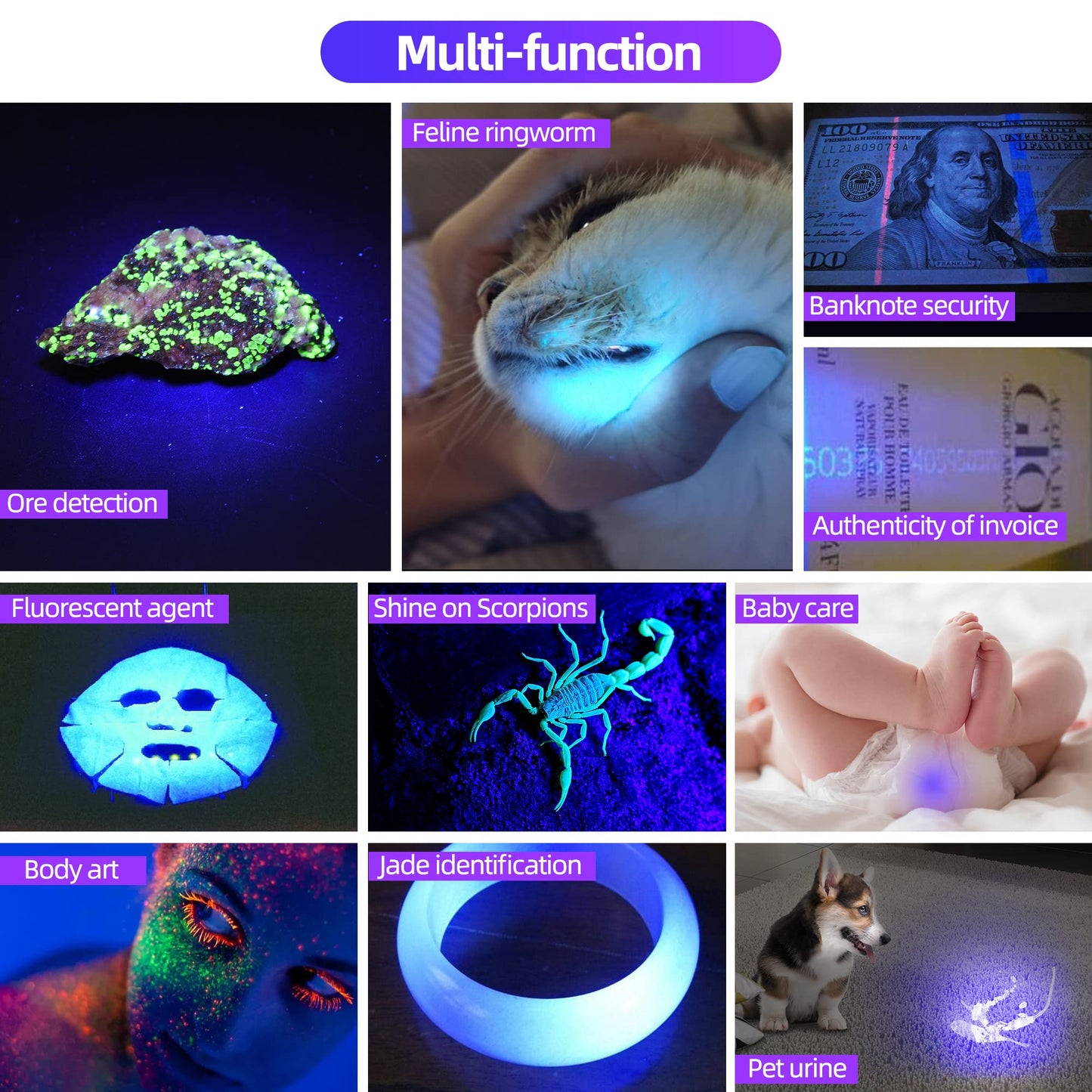 DARKBEAM UV flashlights 365nm Ultraviolet Blacklight, LED light portable Wood lamp, 36W powerful USB-C Blacklight for detecting animal urine, leaks, minerals, uranium glass with battery, B40