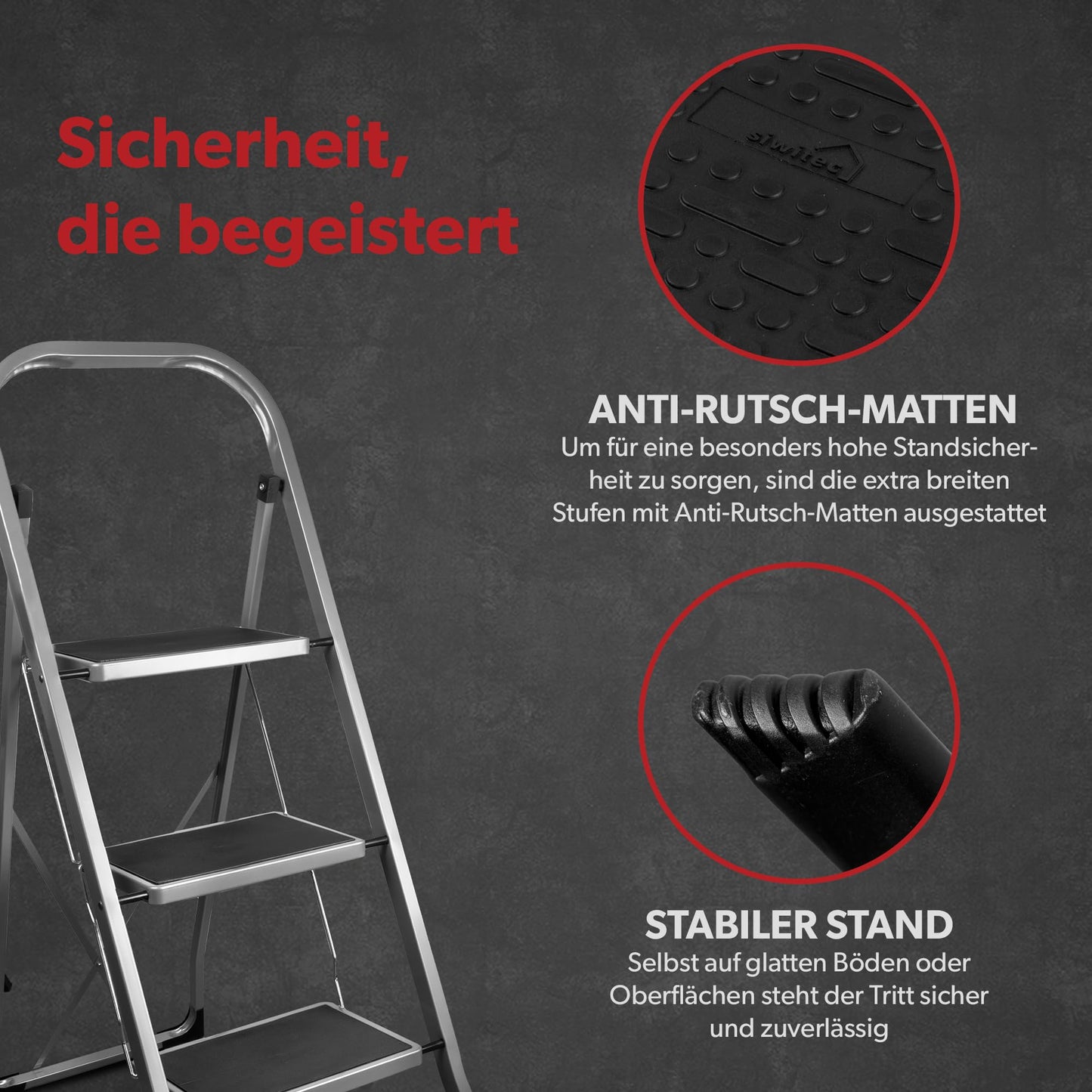 siwitec step ladder, foldable ladder with 3 steps, steel folding stool can hold up to 150 kg, foldable step stool, TÜV/GS certified, anthracite