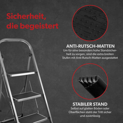 siwitec step ladder, foldable ladder with 3 steps, steel folding stool can hold up to 150 kg, foldable step stool, TÜV/GS certified, anthracite