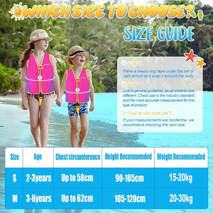 Petiyark Adjustable Kids Swim Vest, Neoprene Swim Aid for Children, Lightweight and comfortable, Supports swim training, Suitable for boys and girls aged 3-6 years - Pink.