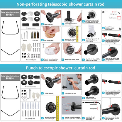 Misounda shower curtain rods U-shaped without drilling, corner shower rod made of stainless steel telescopic (70-100) x 80 x (70-100) cm with 24 shower rings, for wardrobe bathroom dressing room - Black