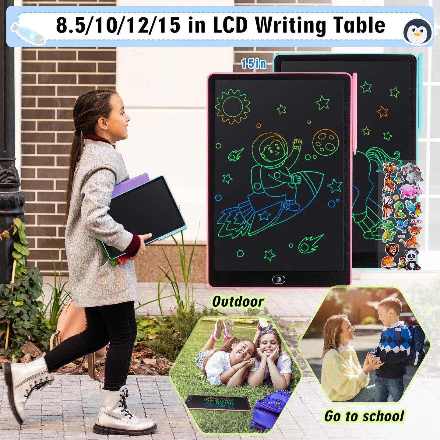 Damcyer 16 Inch LCD Writing Tablet for Kids 2 Pack, LCD Magic Drawing Board with Animal Stickers, Reusable Drawing Tablet for Kids and Adults Birthday Gifts Toy, Blue + Pink