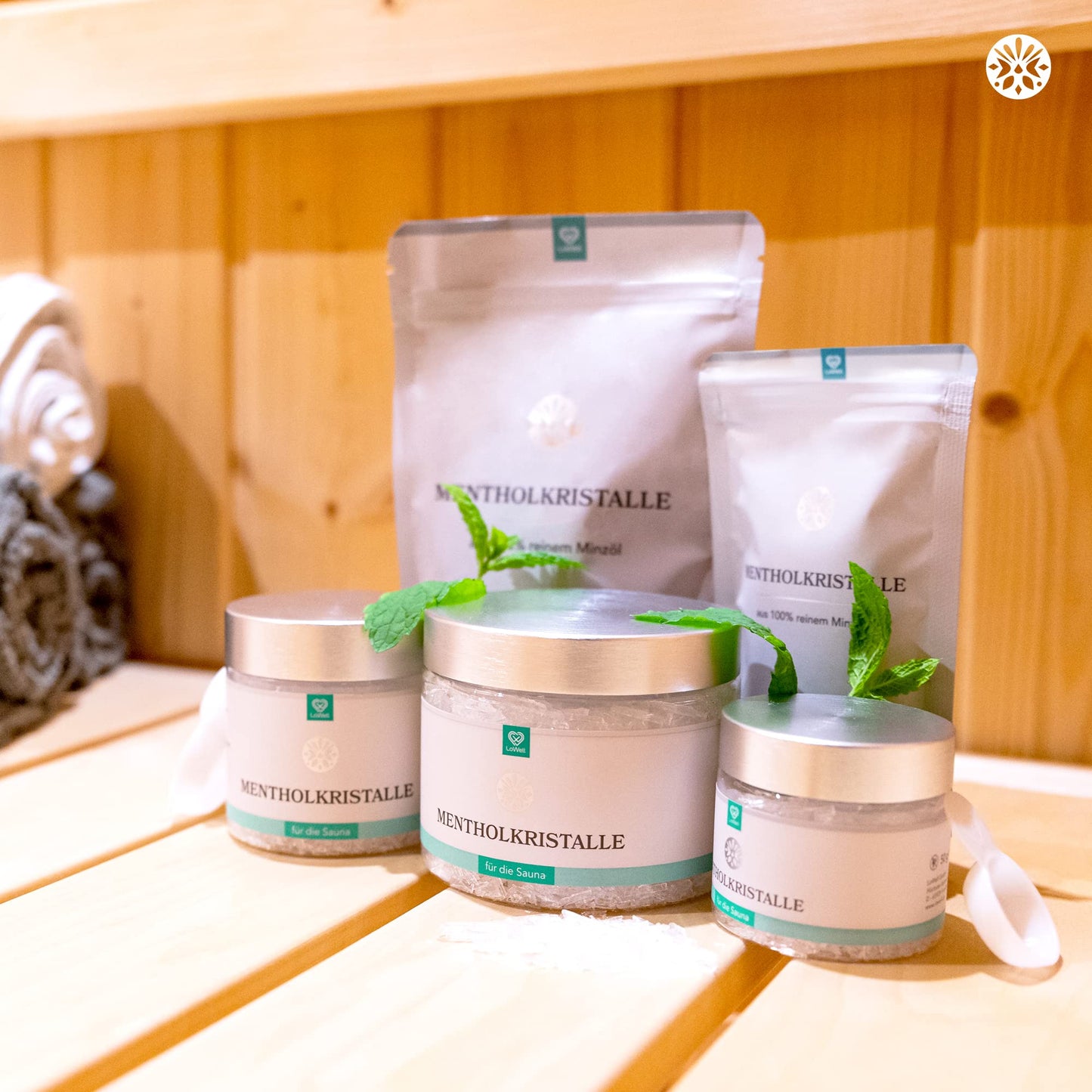 LoWell® 200g menthol crystals made from 100% pure peppermint - Ideal for sauna infusions in a resealable container - Menthol