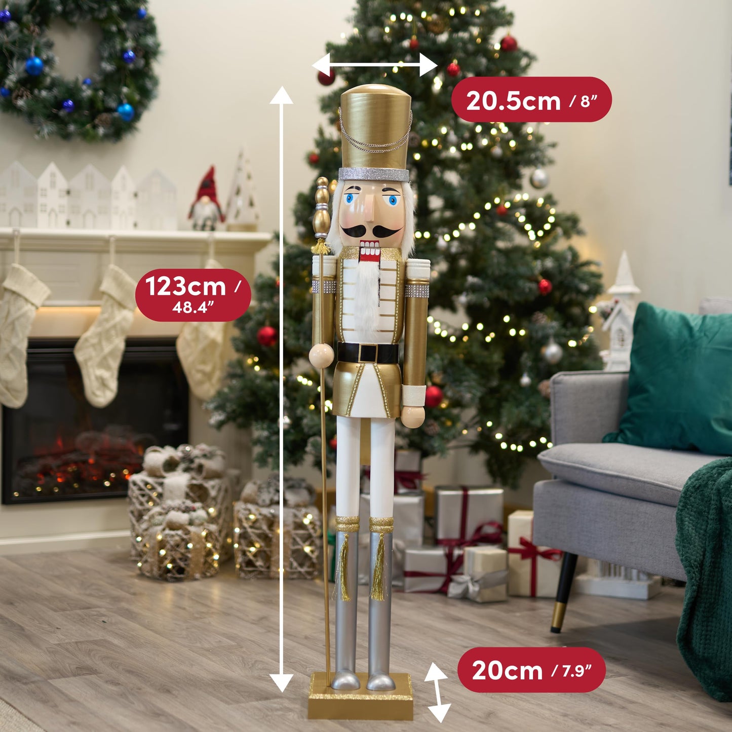 THE TWIDDLERS XXL Giant Wooden Nutcracker Soldier King, 120cm in Gold & White, High-quality handcrafted pine wood, Traditional ornament, Christmas decoration with movable parts