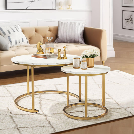 YITAHOME 2-piece Round Coffee Table Set, Modern Living Room Table, Stackable, with Storage Space, Wood Top, Metal Frame, Side Table, Cocktail Tea Center Table for Living Room, Home Office, White