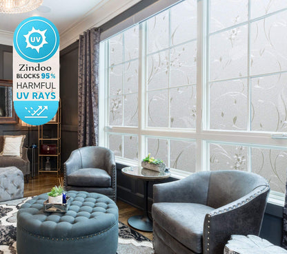 Zindoo window film self-adhesive opaque flower pattern without glue frosted glass film privacy film decorative film anti-UV 90 x 200CM